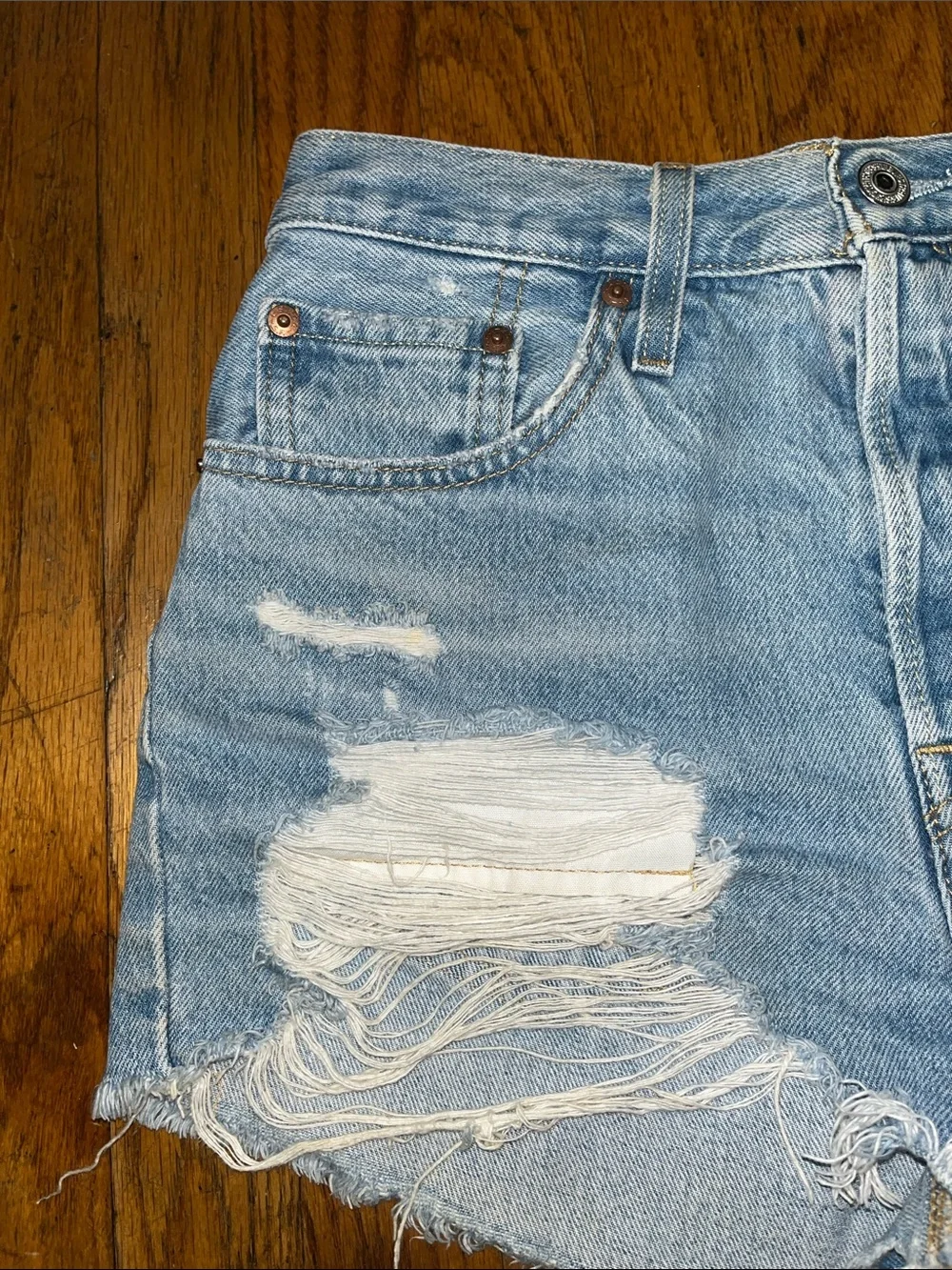 Levi’s 501 Denim Distressed  Women’s Button Fly Shorts - Light Blue Size 27
